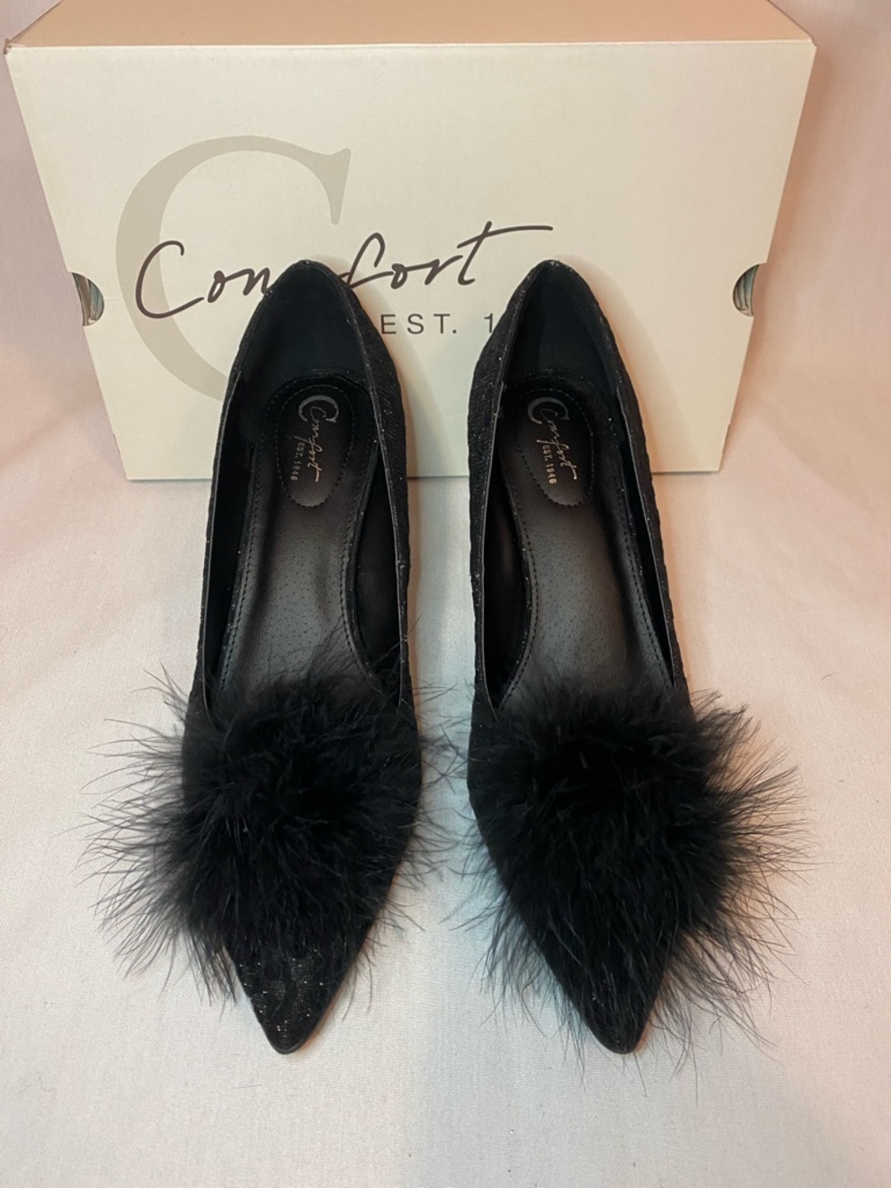 Black Pointed-Toe Pom-Pom Kitten Heels - Picture 6 of 10